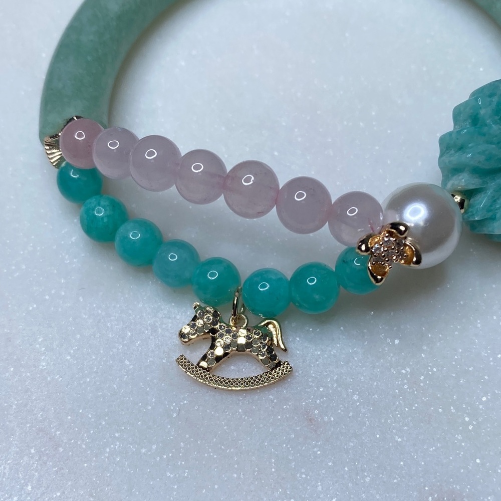 Amazonite Half Bangle Bracelet • Hand-Carved Amazonite Flower & Rose Quartz Duo - Picture 3 of 8